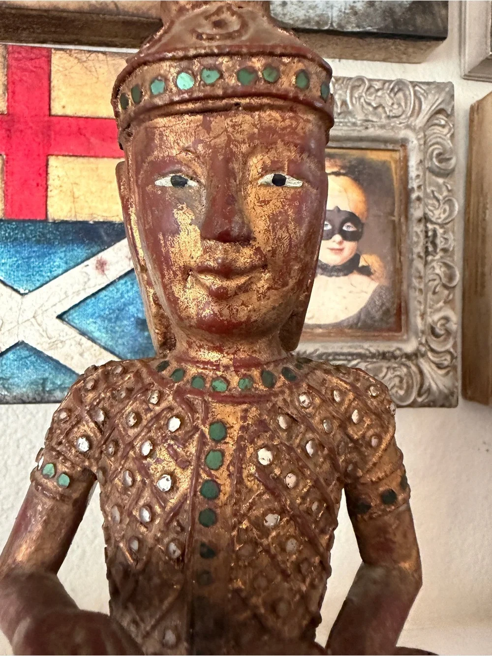 Vintage Southeast Asian Temple Guardian Statue Hand Painted‎ Gilt Wood Figure